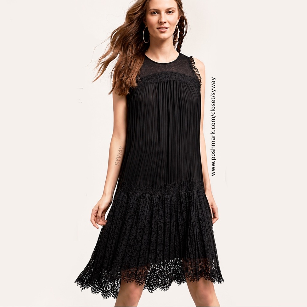 Anthropologie Floreat Black Sleeveless Lace & Pleated Swing Dress